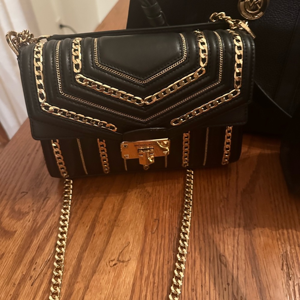of holiday glitter!! Michael Kors black leather / gold metal chain detailing